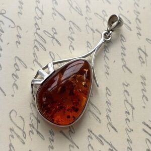 Large Sterling Silver and Amber Drop Pendant